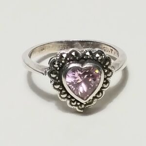 925 Silver Marcasite Pink Stone Heart Ring Sz 5-1/2